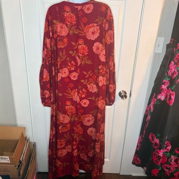 Joyfolie Brenna Dark Red Floral Maxi Longline Cardigan Balloon Sleeves Duster M - Picture 7 of 11